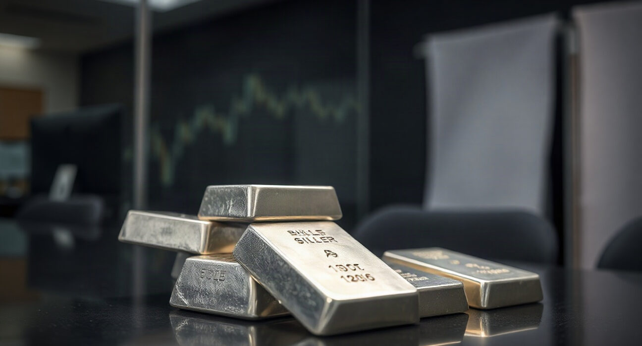 Silver bullion bars on a dark surface with a dollar bill in the background