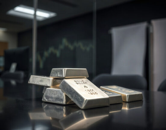 Silver bullion bars on a dark surface with a dollar bill in the background
