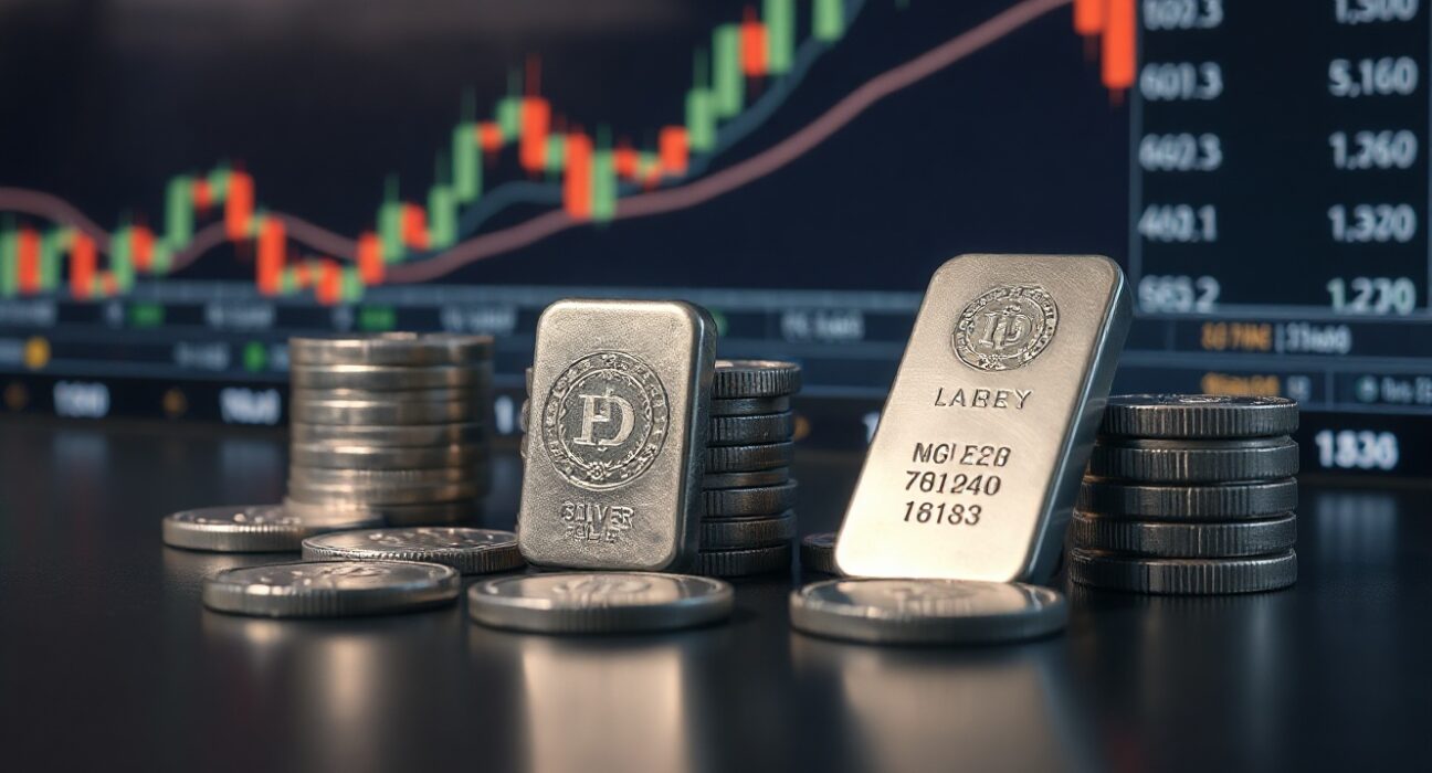 Silver bullion bars and coins with a candlestick chart in the background, illustrating silver price movement