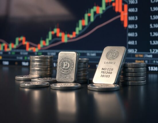 Silver bullion bars and coins with a candlestick chart in the background, illustrating silver price movement