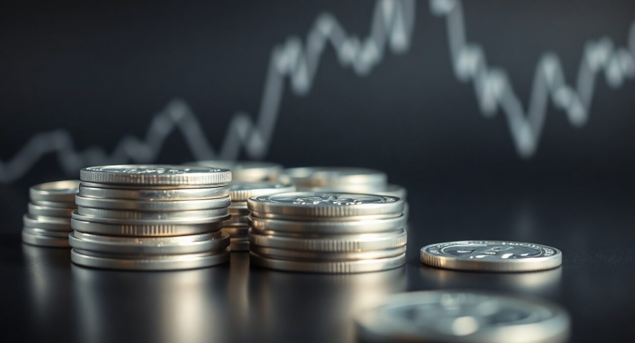 Silver bullion coins and bars stacked on a reflective surface with a market chart in the background