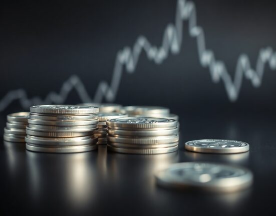 Silver bullion coins and bars stacked on a reflective surface with a market chart in the background
