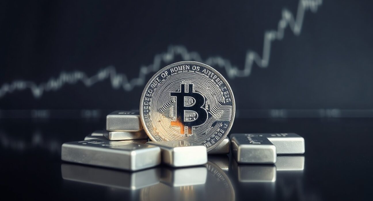 Silver bullion coins and bars on a dark surface with a blurred price chart in the background
