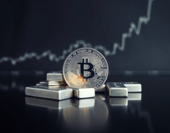 Silver bullion coins and bars on a dark surface with a blurred price chart in the background