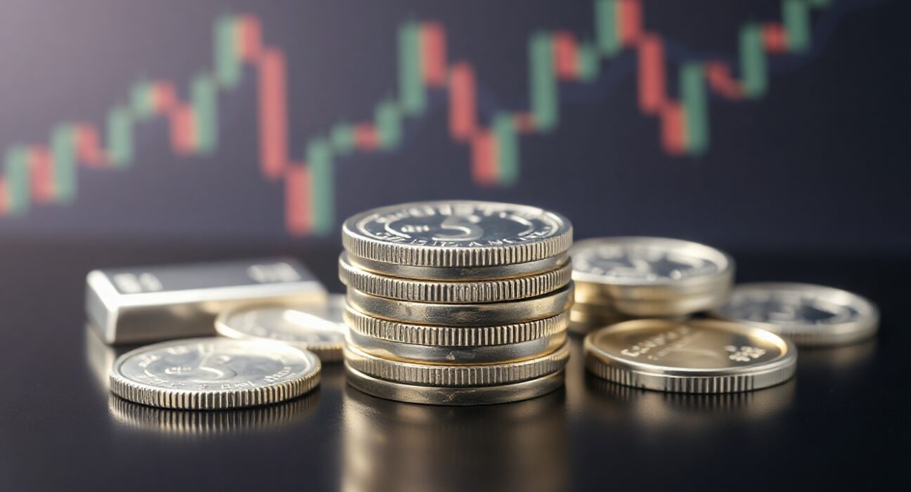 Silver coins and bars on a reflective surface with a faint market chart in the background