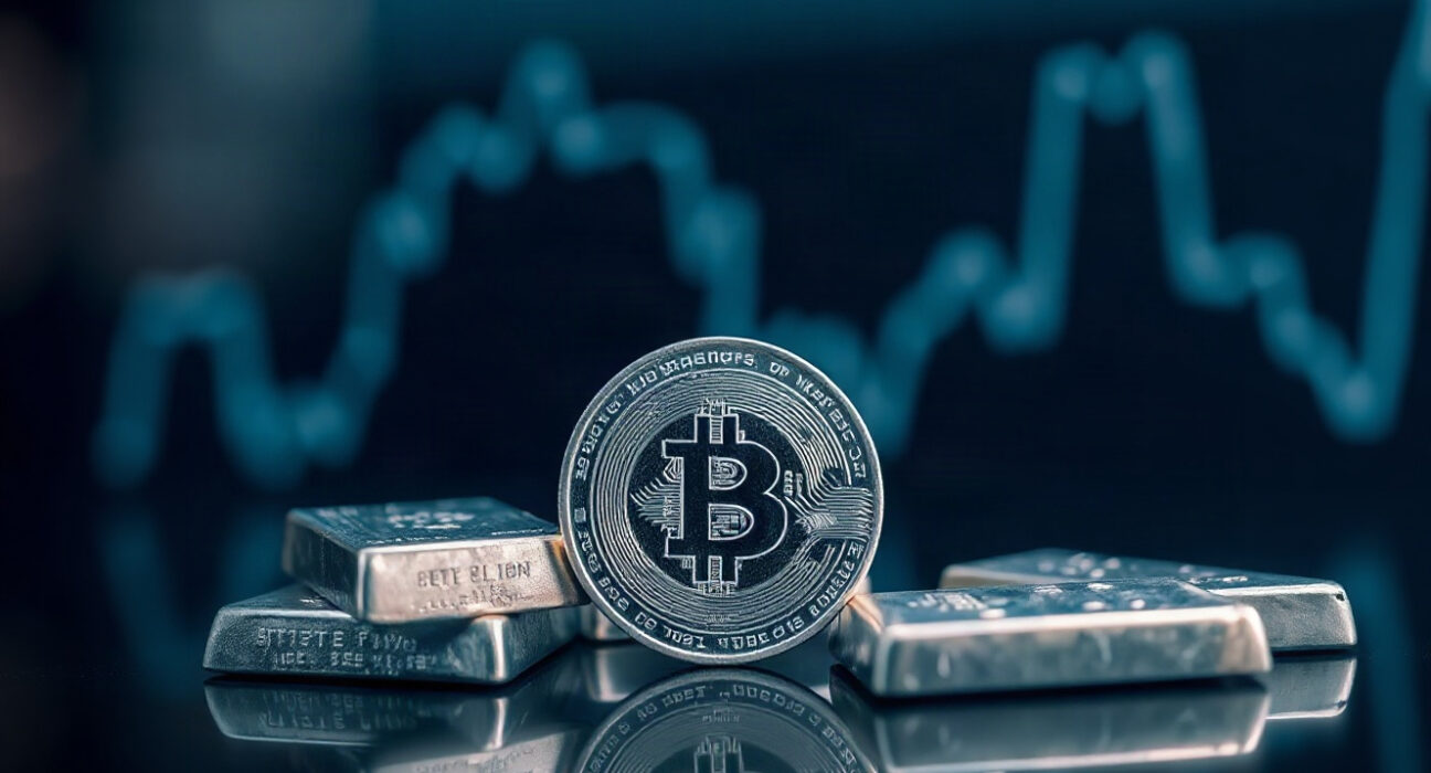 Silver bullion coins and bars on a reflective surface with a soft chart background