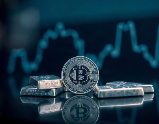 Silver bullion coins and bars on a reflective surface with a soft chart background