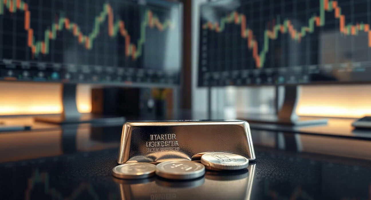 Silver bullion bars and coins on a dark surface with charts in background