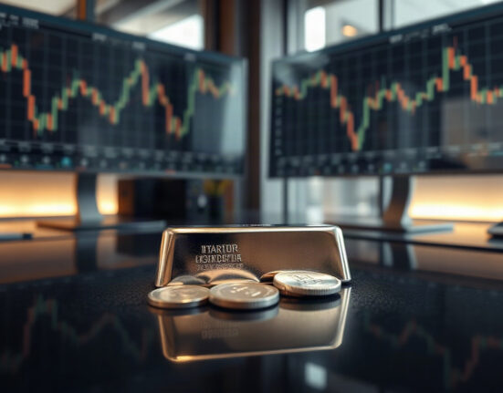 Silver bullion bars and coins on a dark surface with charts in background
