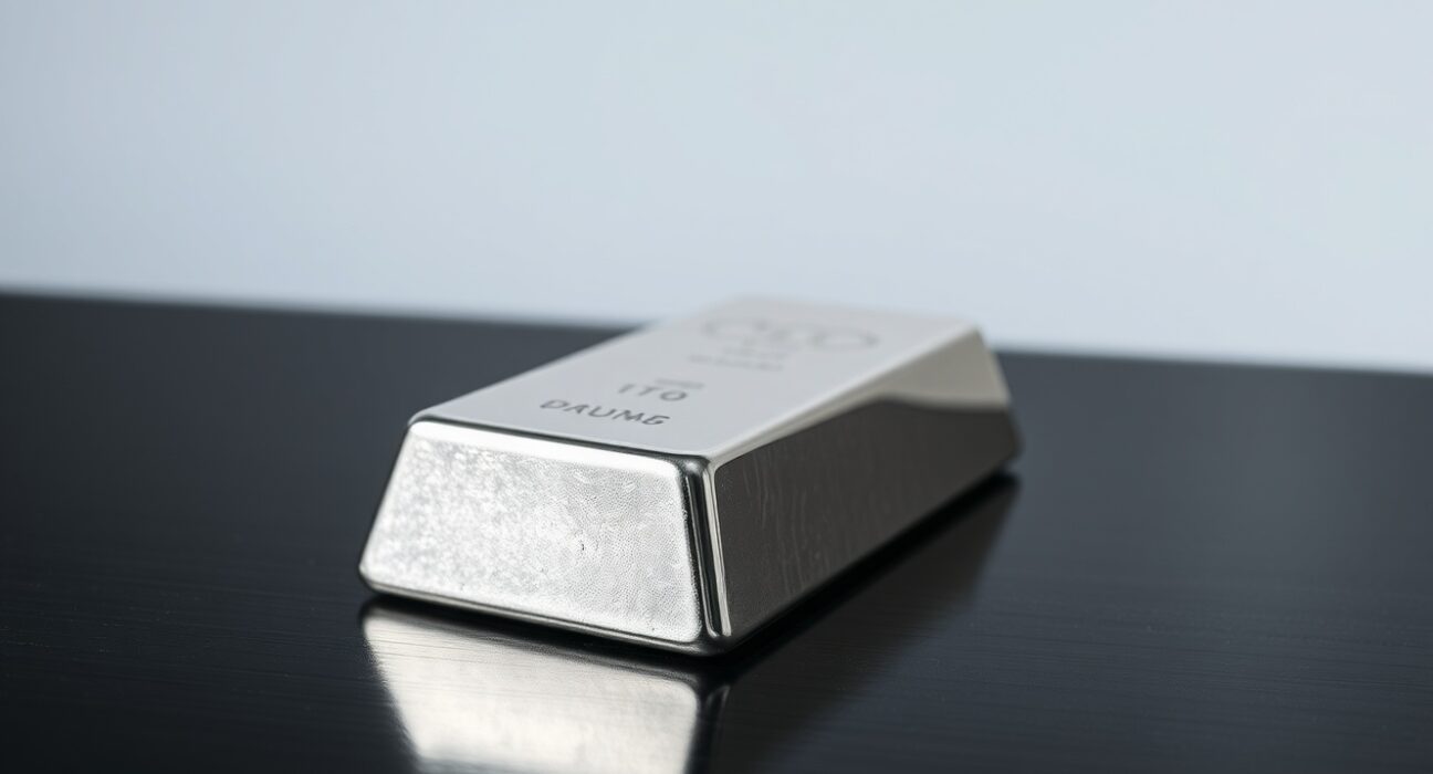 Silver bar on dark wood surface, representing precious metal investment and price forecast.