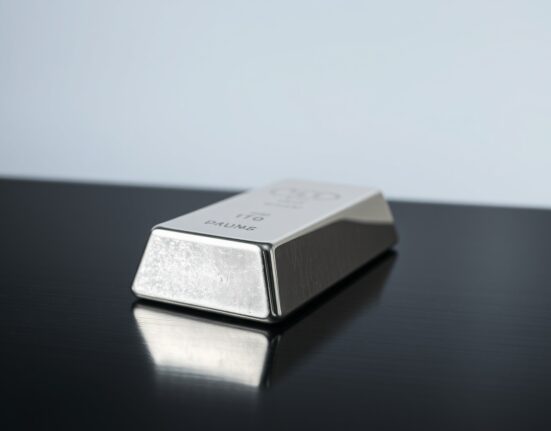 Silver bar on dark wood surface, representing precious metal investment and price forecast.