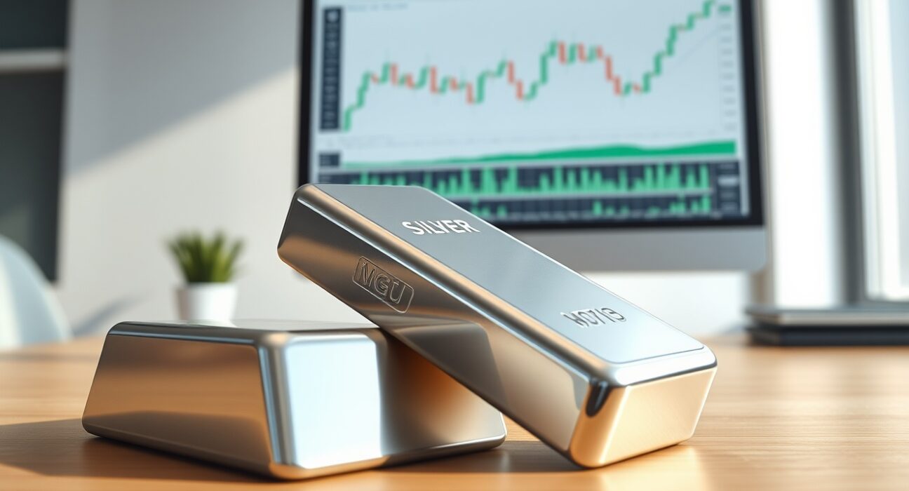 Silver bullion bar on a trading desk representing the XAG/USD price forecast and technical analysis.