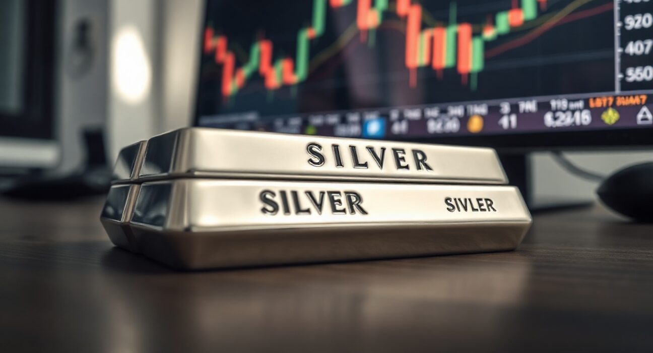 Silver bullion bars stacked on table with price chart in background