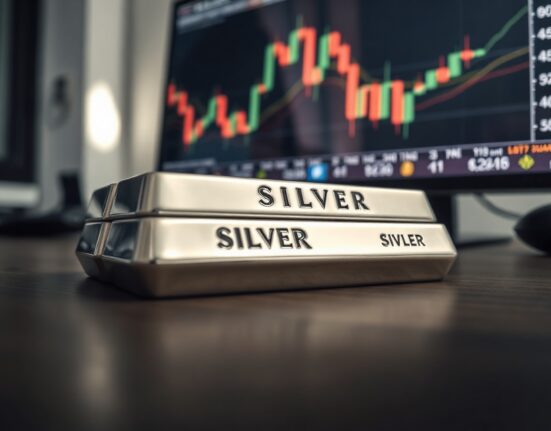Silver bullion bars stacked on table with price chart in background