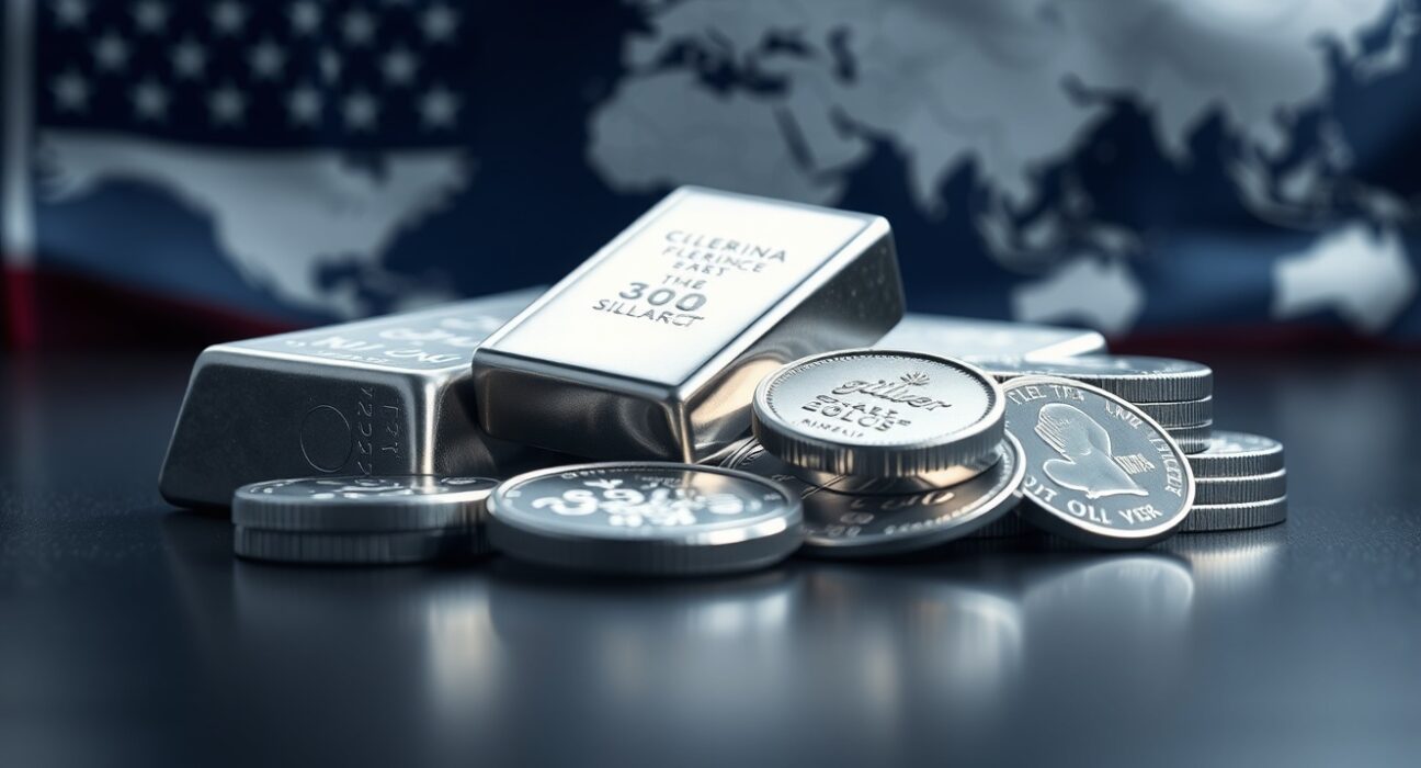 Silver bars and coins on a dark surface with American flag and world map in background
