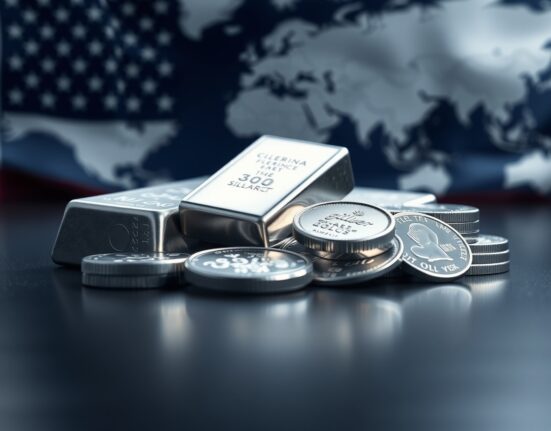 Silver bars and coins on a dark surface with American flag and world map in background