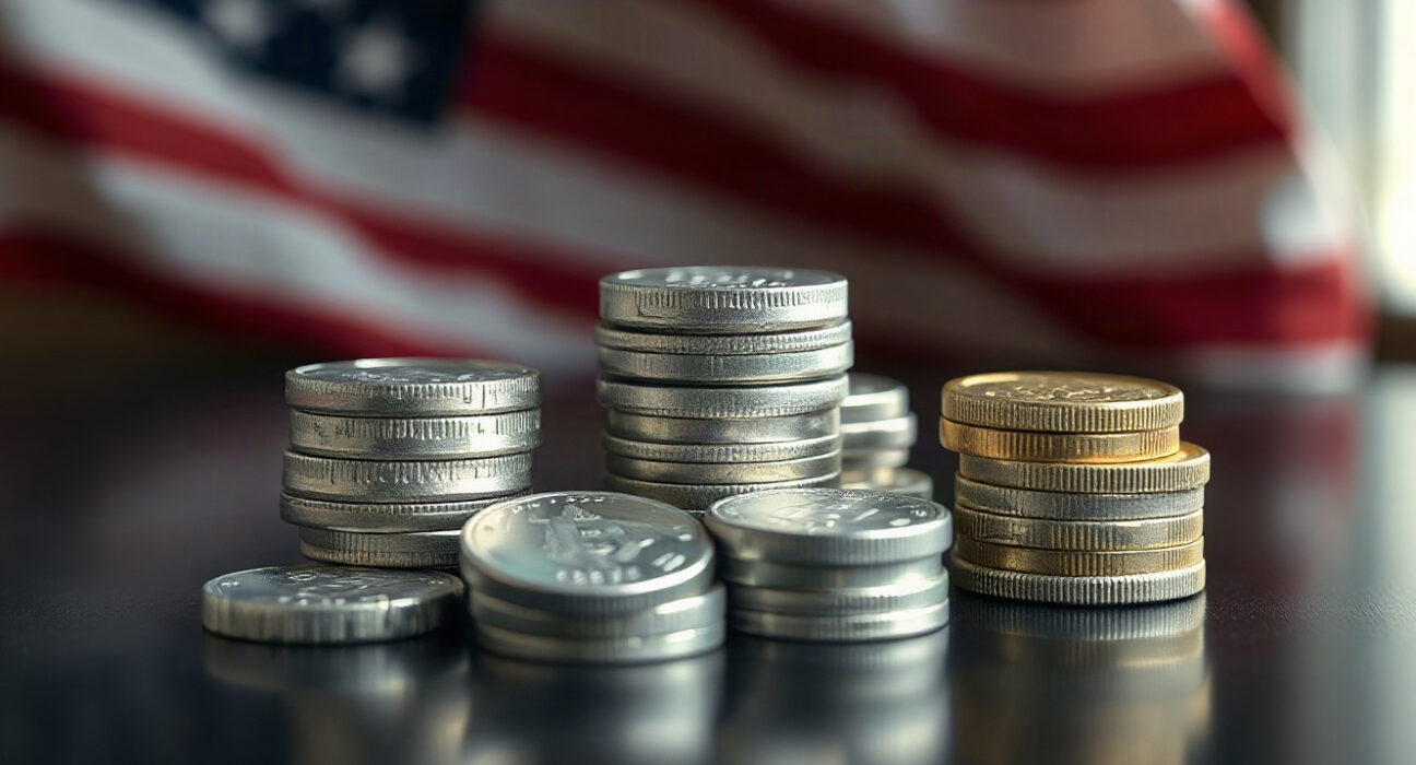Silver bars and coins reflecting light on a dark surface, representing the precious metal's price rally.