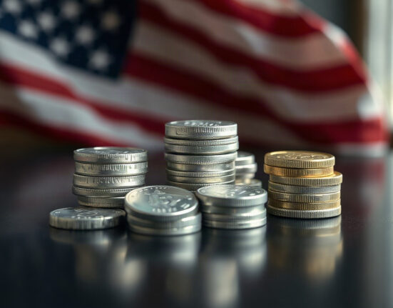 Silver bars and coins reflecting light on a dark surface, representing the precious metal's price rally.