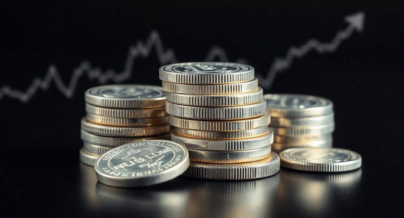 Silver bullion coins and bars with a subtle upward trend background, representing the current silver price uptrend.