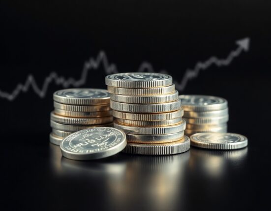 Silver bullion coins and bars with a subtle upward trend background, representing the current silver price uptrend.