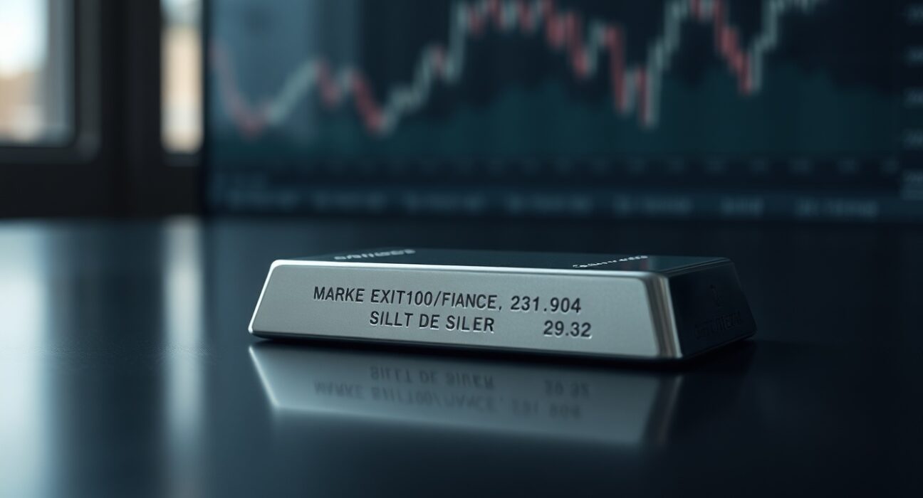 Silver bar on a dark surface with a blurred financial chart in the background, representing silver price analysis and market uncertainty.