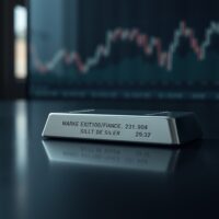 Silver bar on a dark surface with a blurred financial chart in the background, representing silver price analysis and market uncertainty.