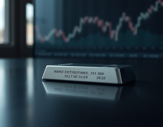Silver bar on a dark surface with a blurred financial chart in the background, representing silver price analysis and market uncertainty.