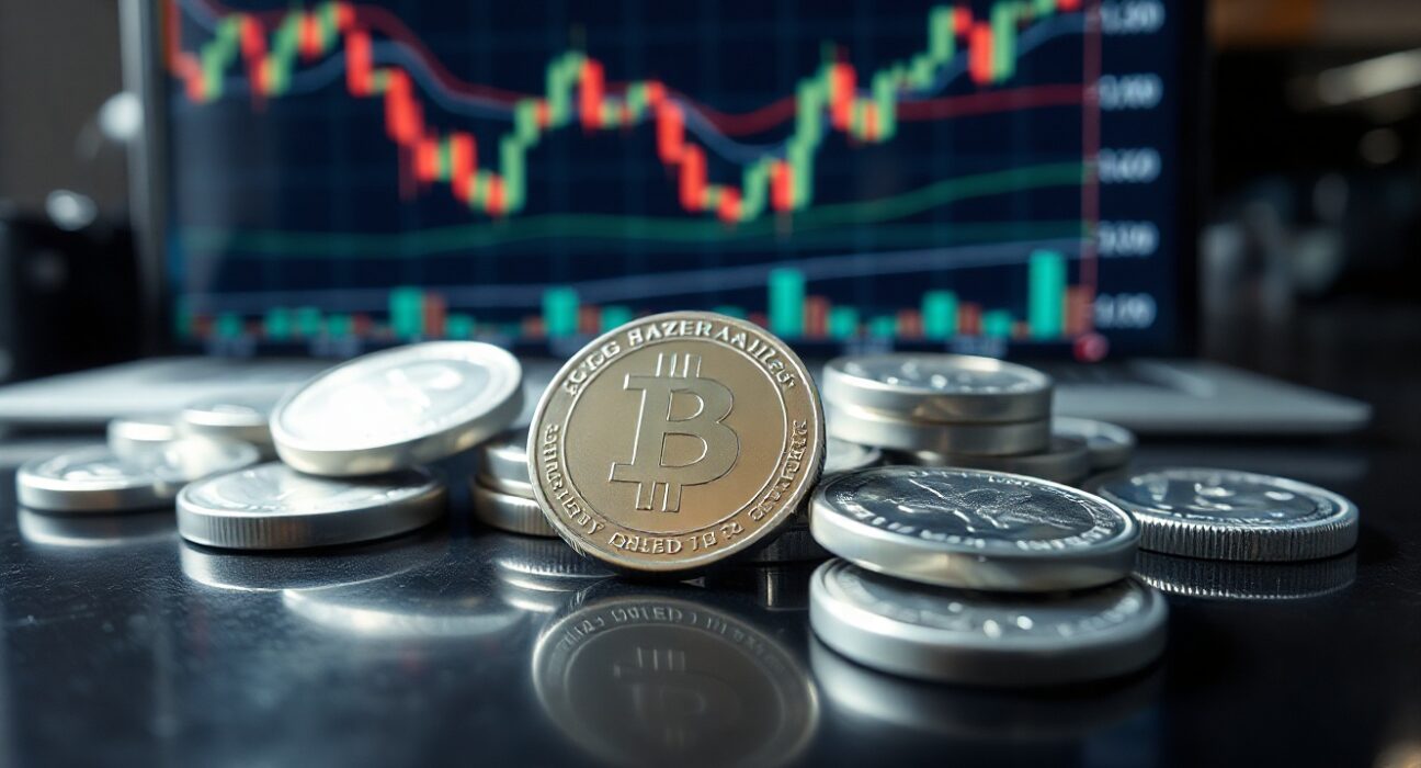 Silver bullion coins and bars on a reflective surface with a blurred market chart in background