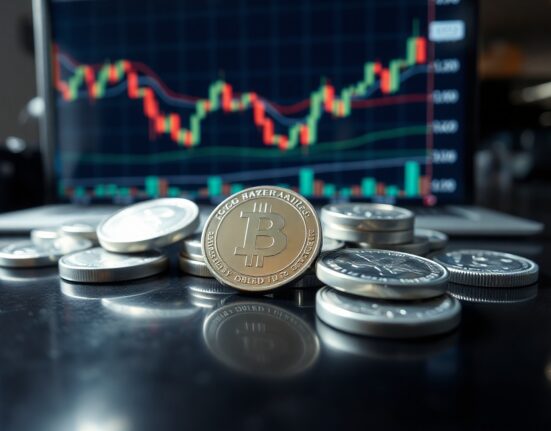 Silver bullion coins and bars on a reflective surface with a blurred market chart in background