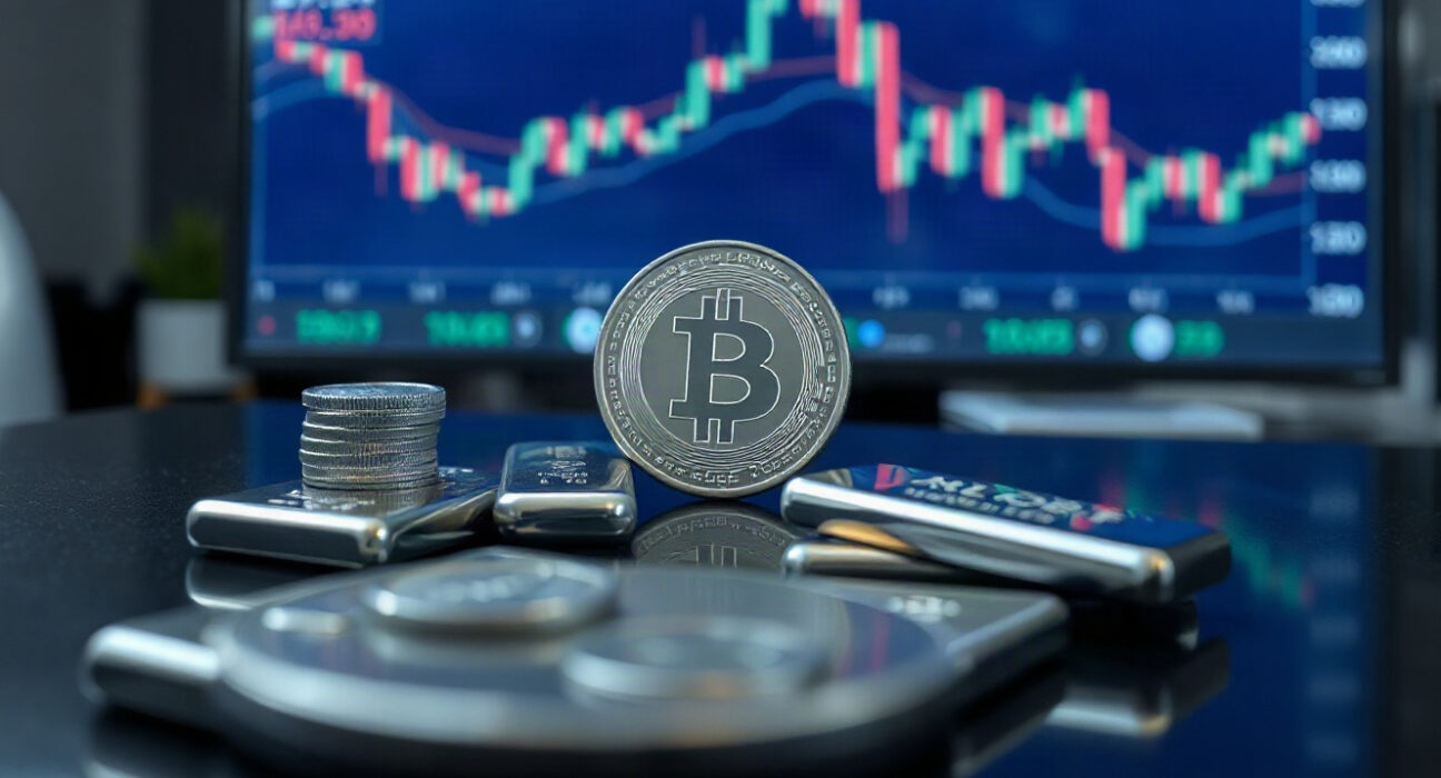Silver bullion coins and bars on a reflective surface with a financial chart in the background