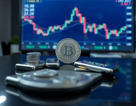 Silver bullion coins and bars on a reflective surface with a financial chart in the background