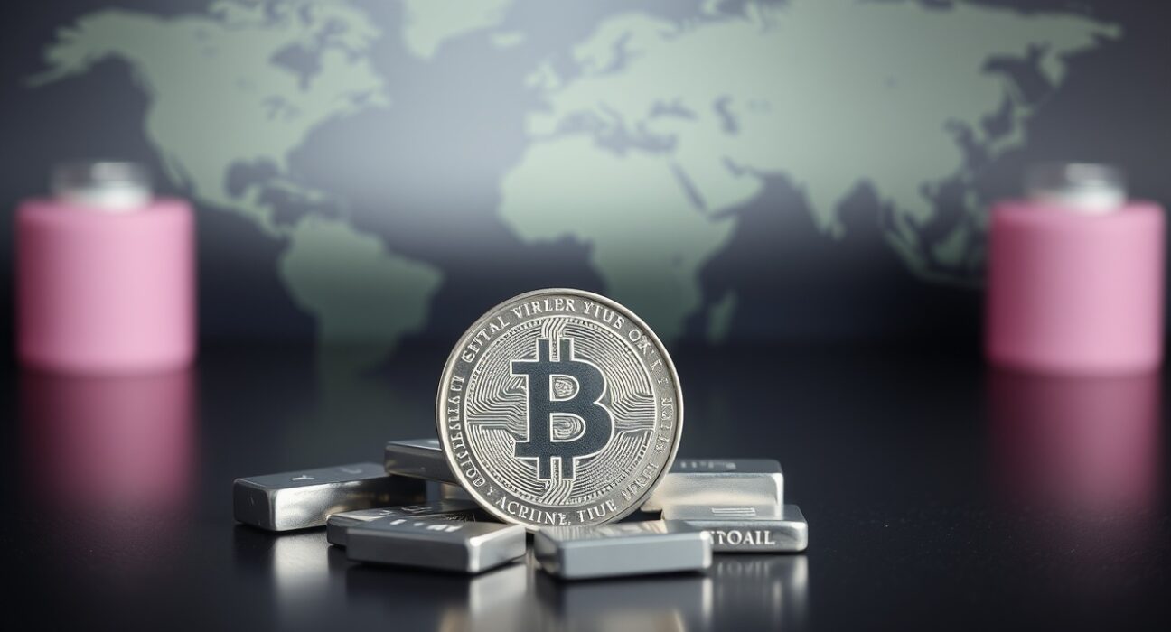 Silver coins and bars on reflective surface with blurred map background