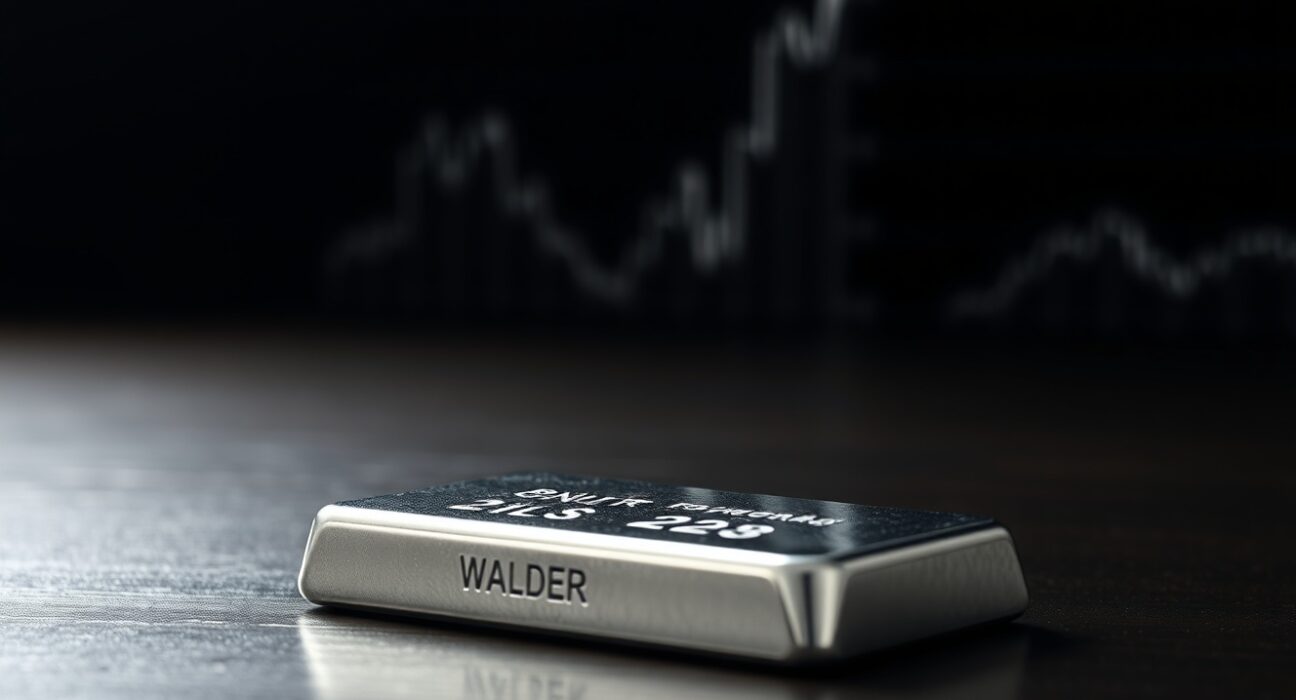 Silver bar resting on dark surface with financial chart background showing wedge pattern and moving average lines