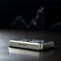 Silver bar resting on dark surface with financial chart background showing wedge pattern and moving average lines