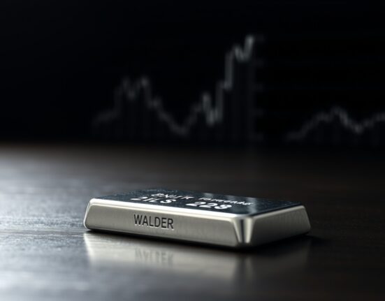Silver bar resting on dark surface with financial chart background showing wedge pattern and moving average lines