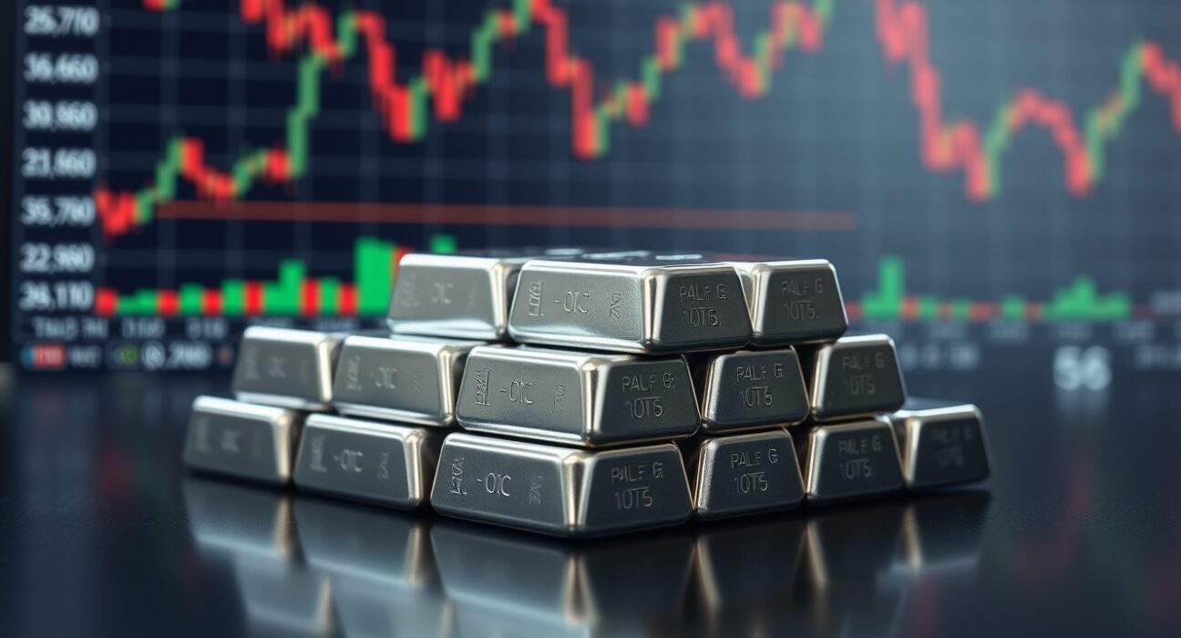 Silver bullion bars stacked on a reflective surface with a financial chart in the background.