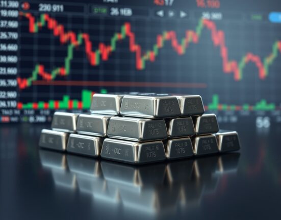 Silver bullion bars stacked on a reflective surface with a financial chart in the background.