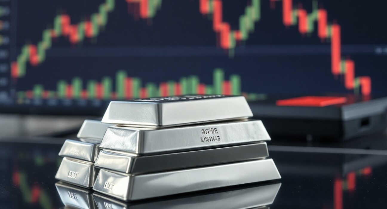 Stack of polished silver bars with a financial chart background, representing silver price movement.
