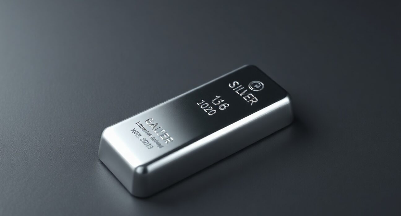 Silver bar on dark wooden surface, representing precious metals market and price analysis.
