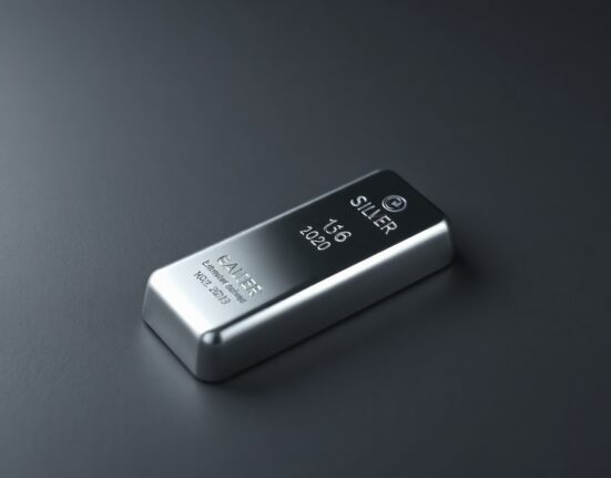 Silver bar on dark wooden surface, representing precious metals market and price analysis.