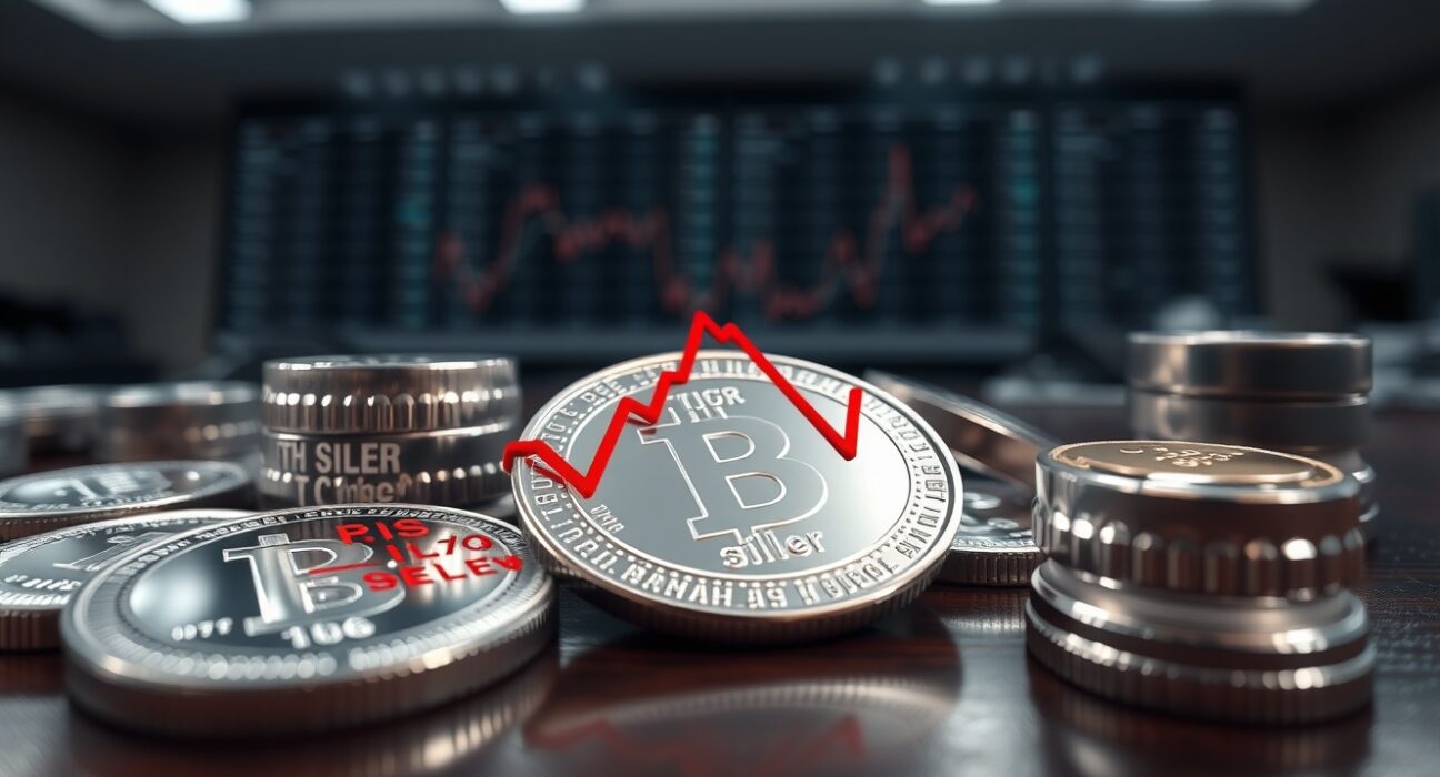 Silver bullion coins and bars on a dark table with a reflected downward trend chart, representing a bearish silver price forecast.