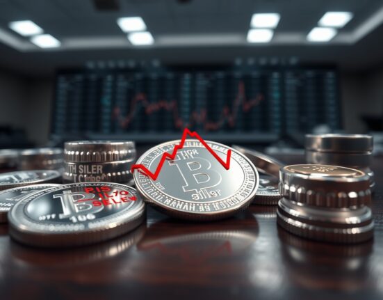 Silver bullion coins and bars on a dark table with a reflected downward trend chart, representing a bearish silver price forecast.