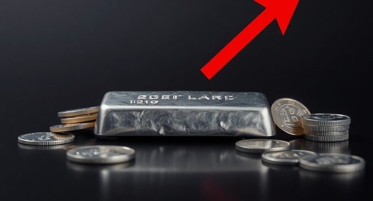Silver bar and coins on dark surface with downward arrow indicating bearish price trend
