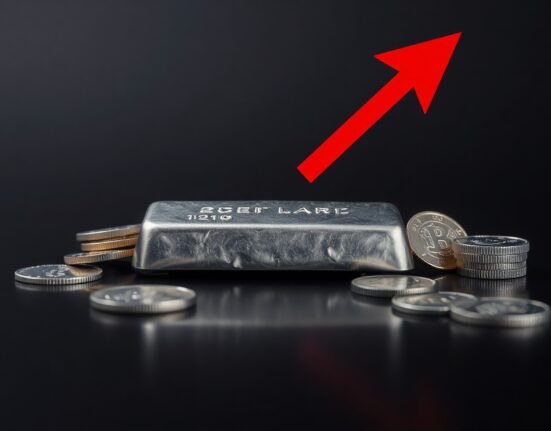 Silver bar and coins on dark surface with downward arrow indicating bearish price trend