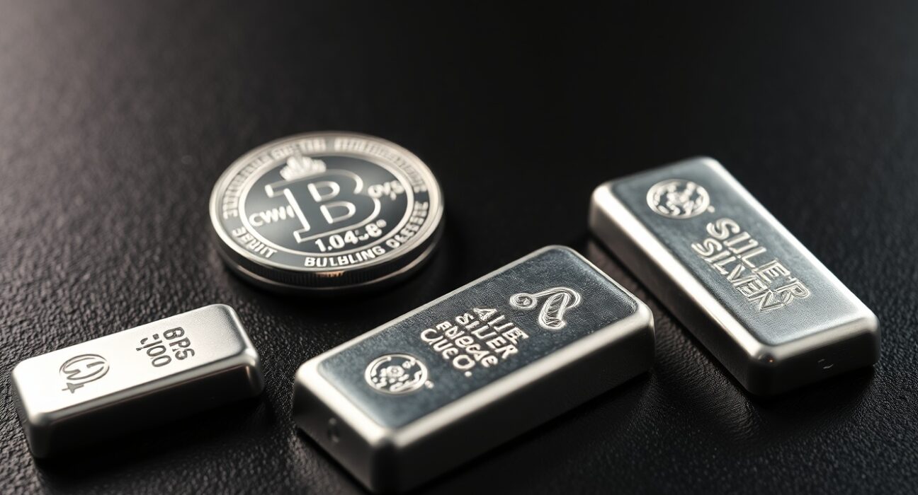 Silver bullion coins and bars on dark surface representing precious metals market analysis