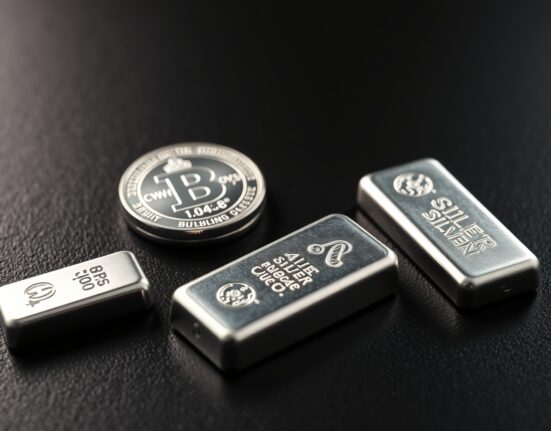 Silver bullion coins and bars on dark surface representing precious metals market analysis