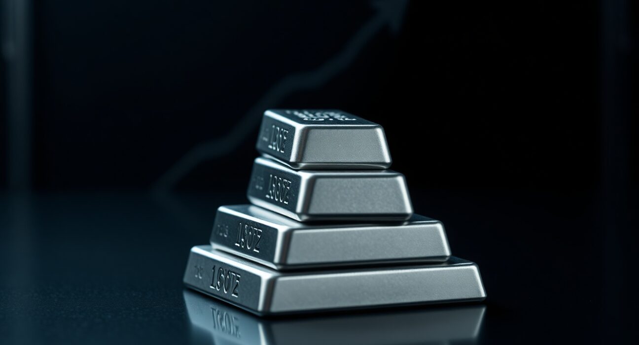 Silver bullion bars on a reflective surface with a subtle price chart shadow, representing market analysis.