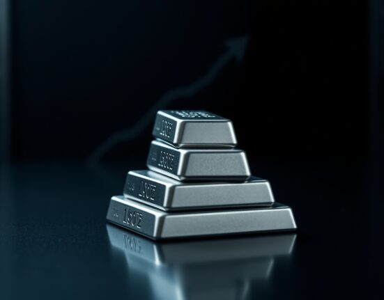 Silver bullion bars on a reflective surface with a subtle price chart shadow, representing market analysis.