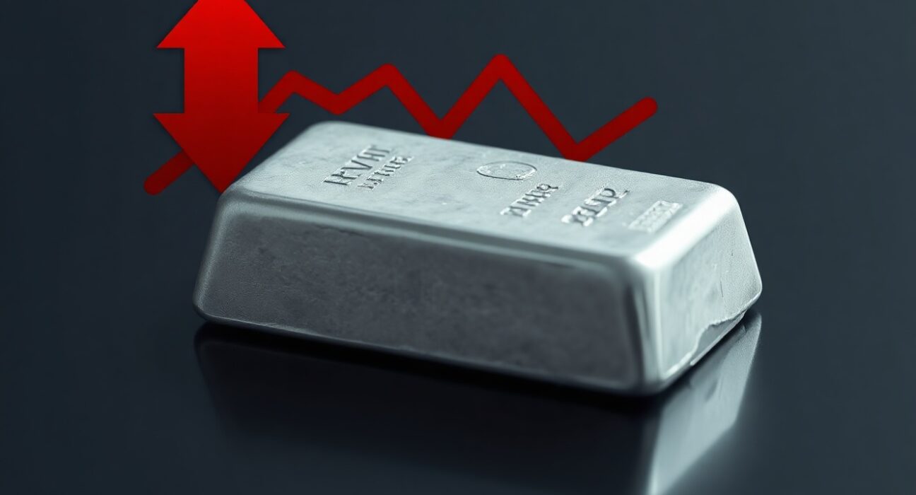 Silver bar on dark surface with bearish market indicator
