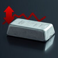 Silver bar on dark surface with bearish market indicator